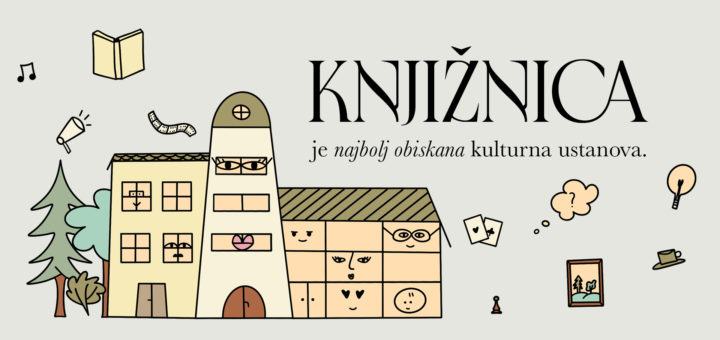 Karikatura knjižnice, ki prikazuje njen vpliv na življenje ljudi.